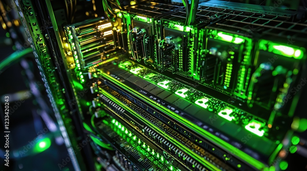 Poster green illuminated server rack close up high tech data center technology