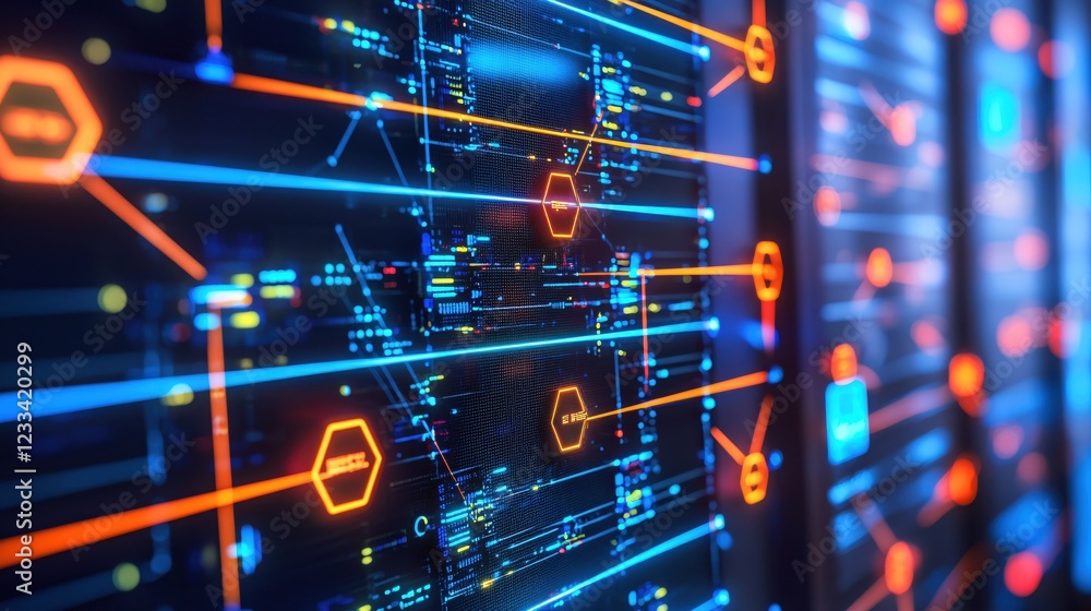 Poster futuristic data network server room digital technology interface
