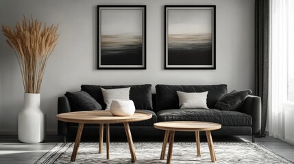 interior design moment, dark gray sofa, black framed artwork, minimalist living space, wooden accent tables, white ceramic vase, natural wheat stems, patterned area rug, contemporary home decor