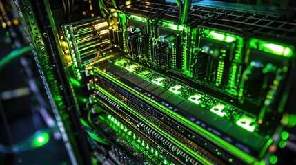 Fototapeta premium Green Illuminated Server Rack Close Up High Tech Data Center Technology