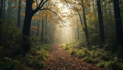 Naklejka premium Sunlight through the trees in a misty forest. Concept of tranquility, peace, and nature.
