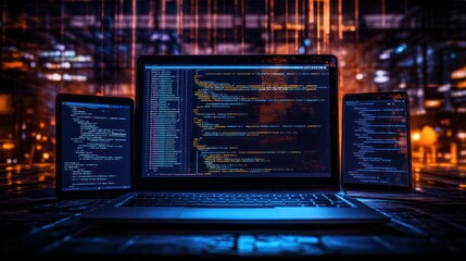 Night city backdrop, coding on laptop, tablet, phone