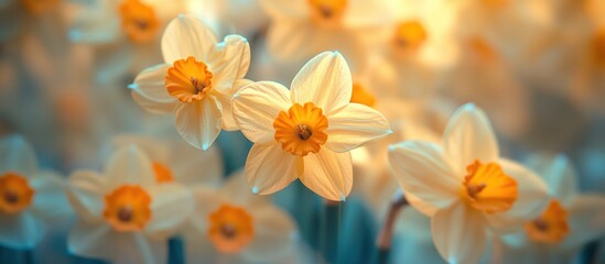 Naklejka premium Daffodils blooming spring garden, sunlit
