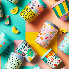 Colorful, Patterned Reusable Cups and Watermelon Slices A Lively Flat Lay of Summer Refreshment