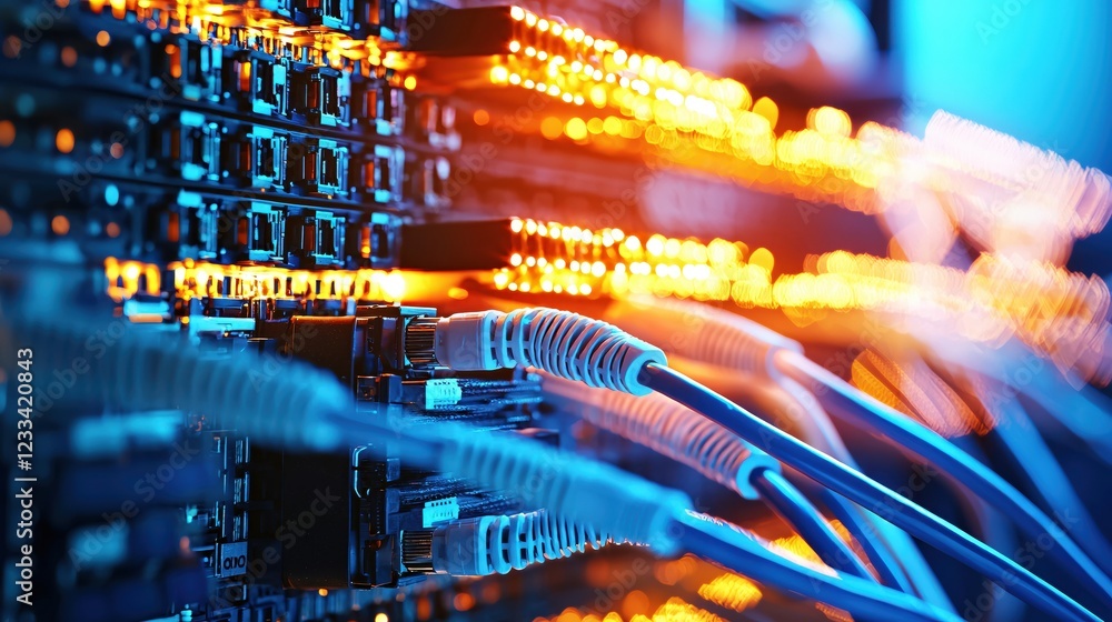 Poster network cables connecting server racks glowing bright in data center