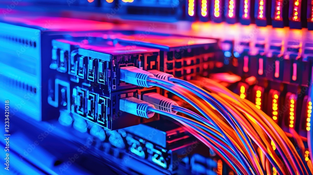 Poster vibrant network cables connected to server in data center