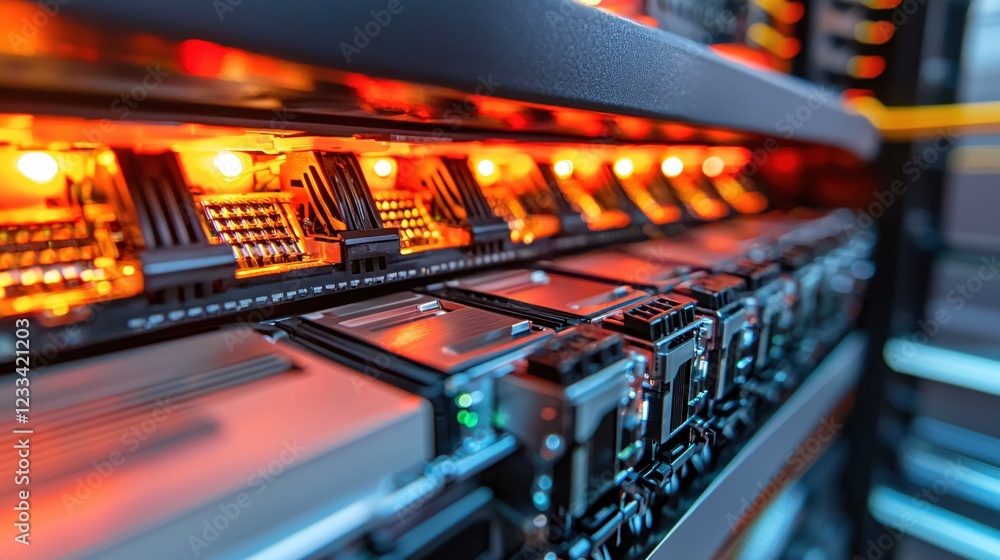Poster illuminated server rack data center technology modern hardware