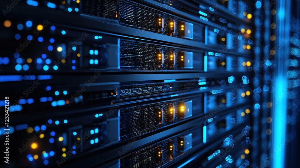 Poster modern data center server room technology digital network infrastructure