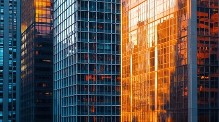 Golden hour sunlight reflects on modern skyscrapers.