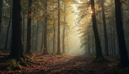 Obraz premium Sunlight in the forest. Concept of peace, tranquility, and relaxation.