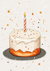 Delicious birthday cake with single candle, decorated with colorful sprinkles, set against light background. Perfect for celebrations and joyful moments