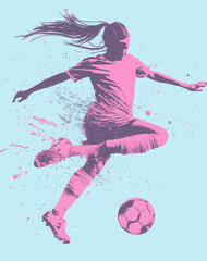 Dynamic female soccer player in action, showcasing athleticism and energy. vibrant pink and blue colors create lively atmosphere, emphasizing movement and passion for sport
