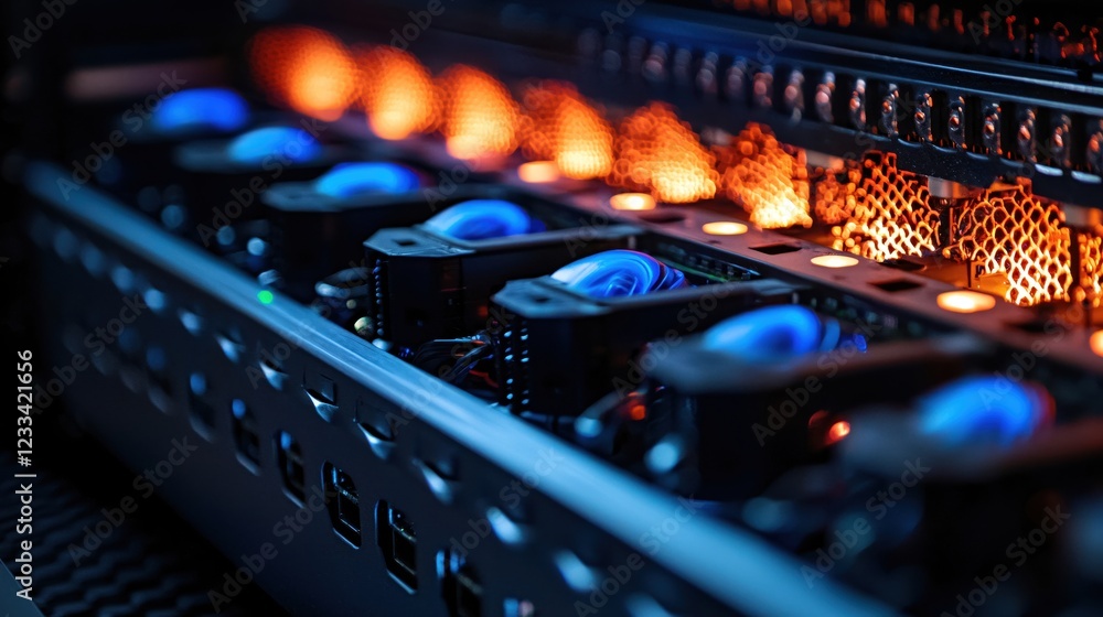 Poster intricate server room technology close up illuminated hardware components