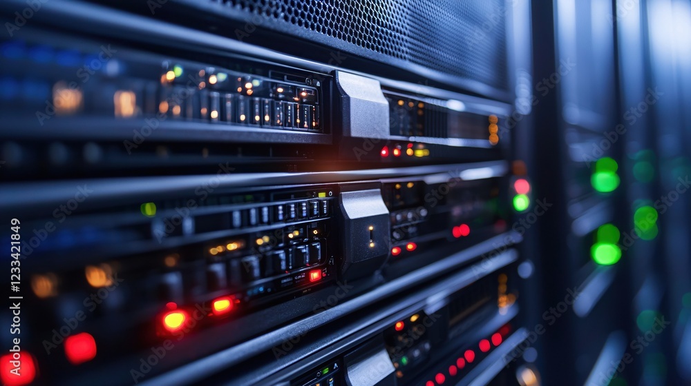 Poster modern server room technology illuminated servers network data center