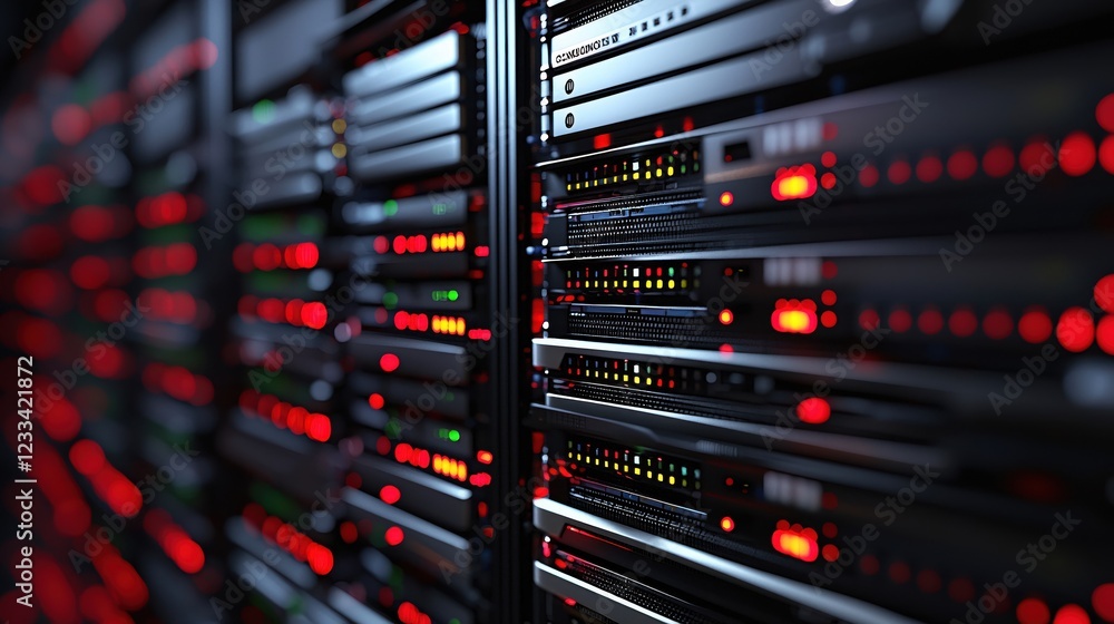 Poster powerful server rack data center technology illuminated red lights modern network infrastructure