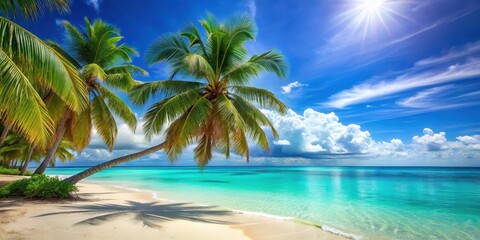 Naklejka premium Sunny day at the beach with a crystal clear turquoise ocean, palm trees swaying gently in the breeze