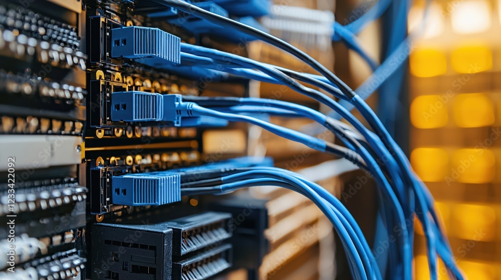 Poster blue network cables connected to server rack modern technology data center infrastructure