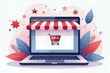 A vector scene of a laptop screen displaying an e-commerce store with a big "SALE" banner. 