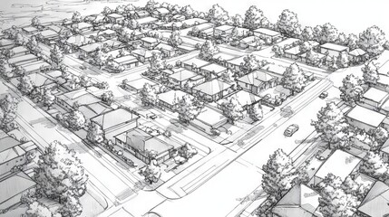 Obraz premium birds eye suburban view, geometric neighborhood layout, residential planning pattern, tree lined streets, systematic house arrangement, urban grid design, ordered community layout, aerial housing