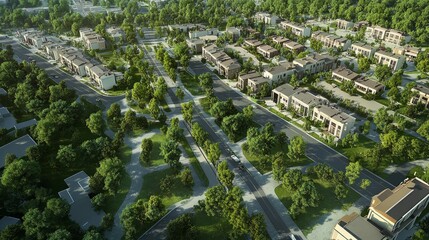 birds eye suburban view, geometric neighborhood layout, residential planning pattern, tree lined streets, systematic house arrangement, urban grid design, ordered community layout, aerial housing