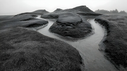 Coastal wetland creek meanders through grassy hills; foggy day; nature background