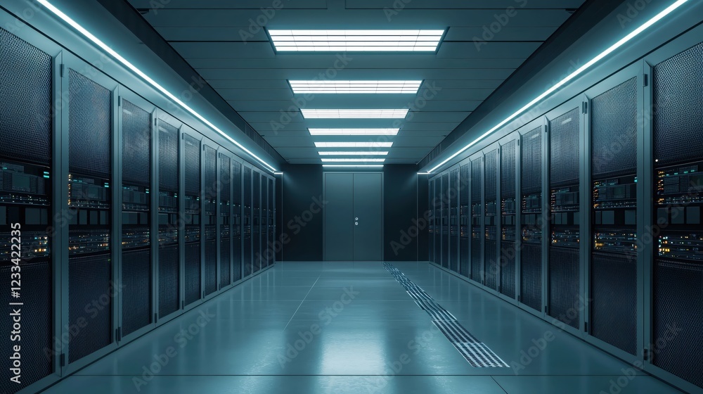 Poster modern data center server room technology infrastructure network