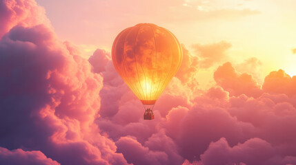 Fototapeta premium A surreal hot air balloon shaped like a glowing lantern, drifting peacefully among soft pink and lavender clouds, symbolizing dreams and aspirations