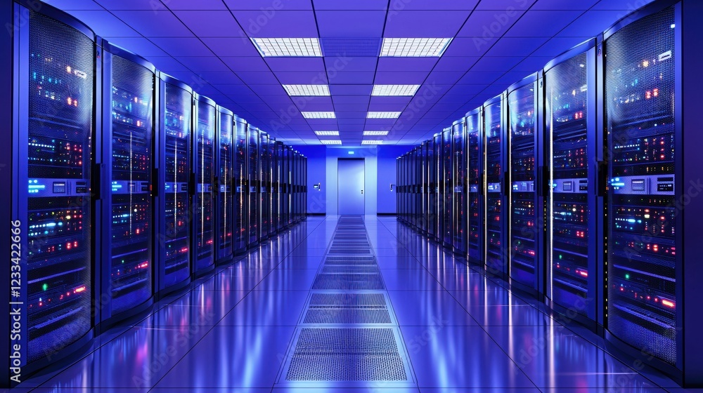 Poster modern data center server room technology infrastructure network