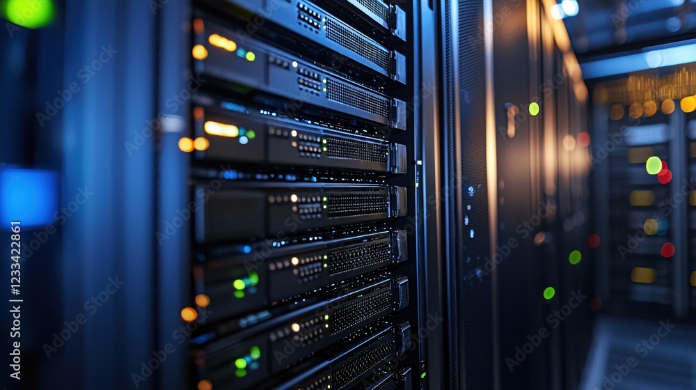 Poster modern data center server room technology network infrastructure