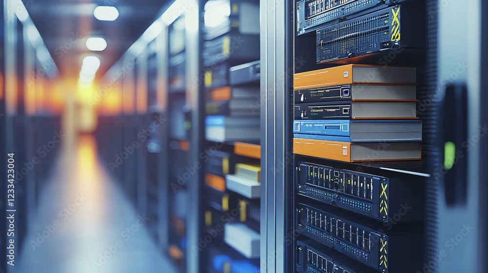 Poster modern data center server room technology network infrastructure