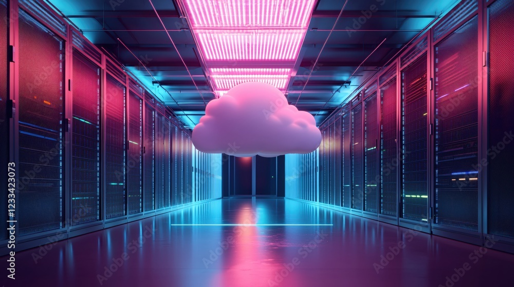 Poster neon lit server room with cloud computing symbol data center technology
