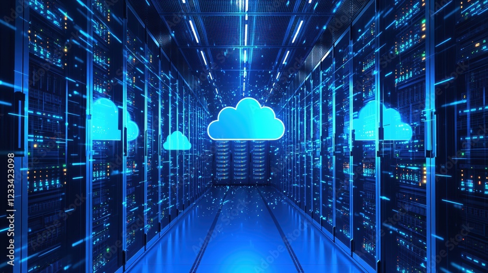 Poster futuristic data center cloud computing network server room