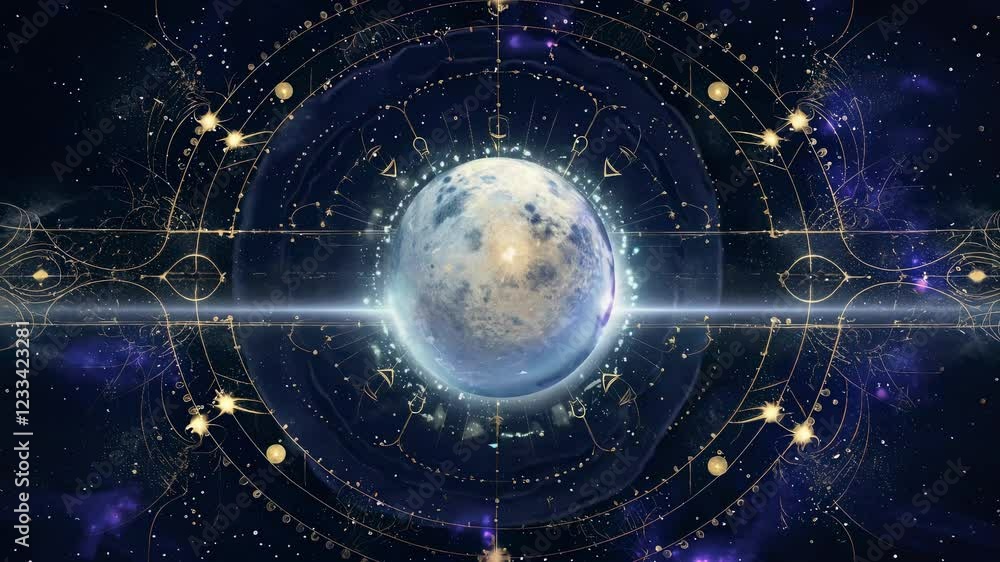 Poster the video showcases a mystical cosmic theme with intricate celestial designs surrounding a planet, c