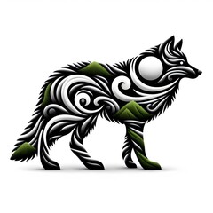 Obraz premium AI Generate of Wolf Shape Art Silhouette with Natural Element such as Wind, Tree, Water, Wave, Animal, Wood, Sun, Moon, isolate in white.
