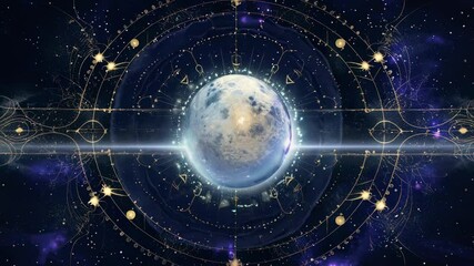 The video showcases a mystical cosmic theme with intricate celestial designs surrounding a planet, captured from a centered camera angle.