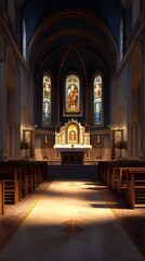 Fototapeta premium Serene church interior bathed in sunlight.