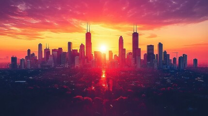Fototapeta premium A vibrant sunset over a city skyline, showcasing urban architecture.