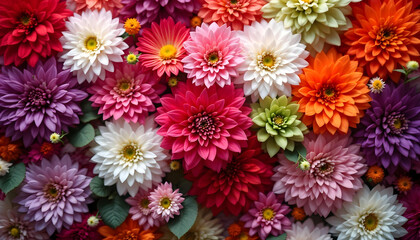 Fototapeta premium Flowers wall background with amazing red,orange,pink,purple,green and white chrysanthemum flowers ,Wedding decoration, hand made Beautiful flower wall background