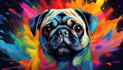 Vibrant, Playful Pug Amidst a Spectacular Rainbow Paint Explosion Wallpaper Pattern Ideal for Digital Art, Home Decor, and Design Inspiration