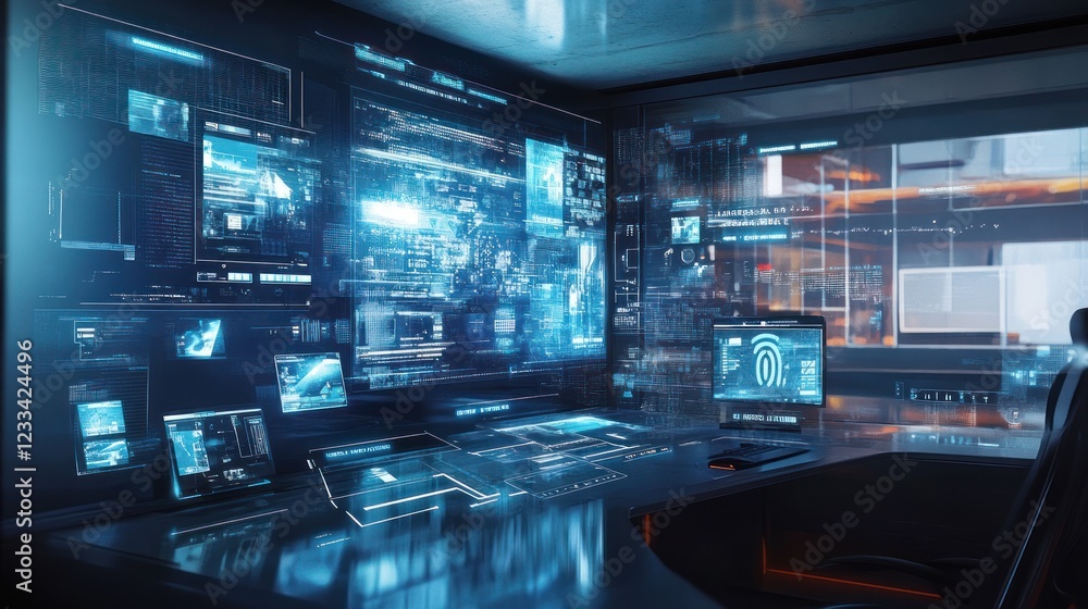 Poster futuristic tech room: cybersecurity and data visualization
