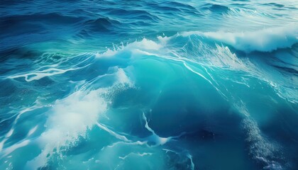 Fototapeta premium Vivid Turquoise Ocean Waves with Pure Blue Foam, Showcasing Textured Water and Dramatic Seascape at Dusk