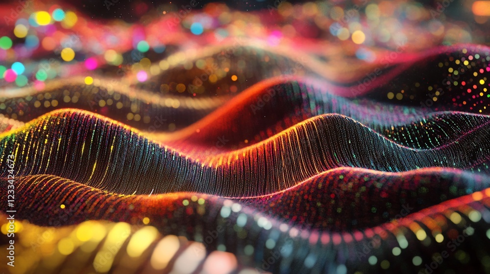 Poster abstract digital art with dynamic flowing waves and sparkling colorful bokeh lights