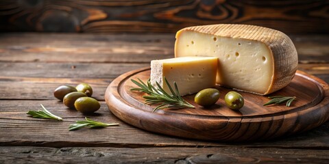 Aged sheep's milk cheese with olives on a wooden board, sheep's milk, aged cheese