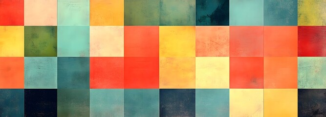 A geometric pattern of colorful squares arranged in a grid, creating a modern design