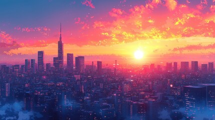 Fototapeta premium A vibrant city skyline at sunset, showcasing colorful clouds and a setting sun.