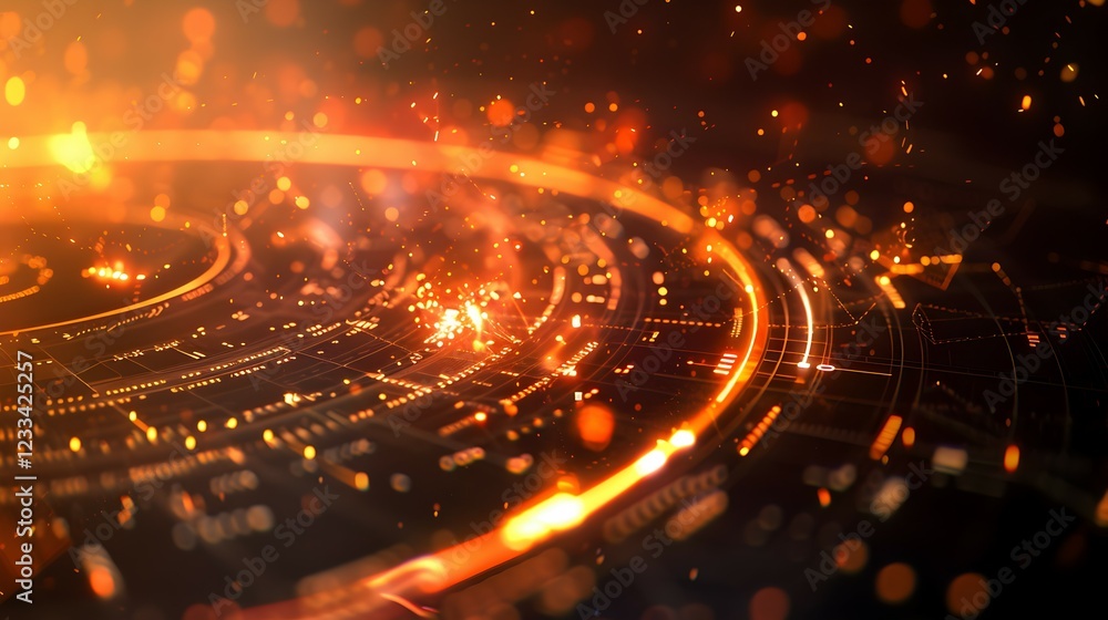 Poster abstract digital background with glowing particles and circular patterns.