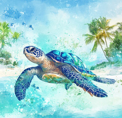 Fototapeta premium vibrant sea turtle swims gracefully in tropical paradise, surrounded by lush palm trees and serene ocean backdrop. artwork captures beauty of marine life and nature tranquility