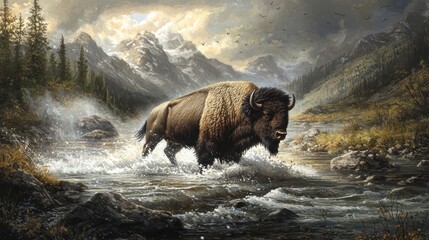 Majestic bison wading through a mountain stream.