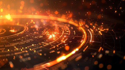 Abstract digital background with glowing particles and circular patterns.