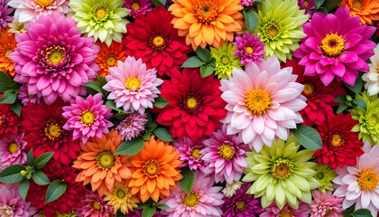 Flowers wall background with amazing red,orange,pink,purple,green and white chrysanthemum flowers ,Wedding decoration, hand made Beautiful flower wall background